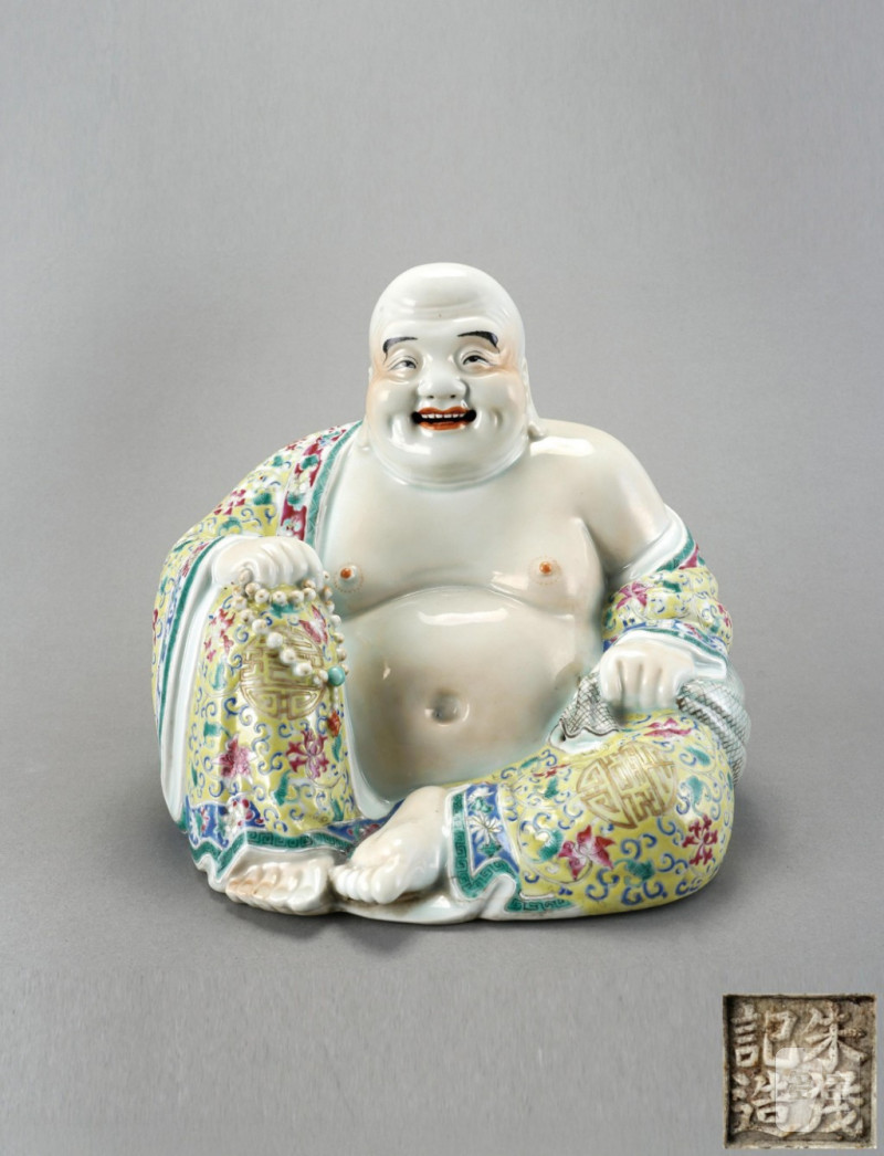    民國 粉彩布袋佛“朱茂記”製
